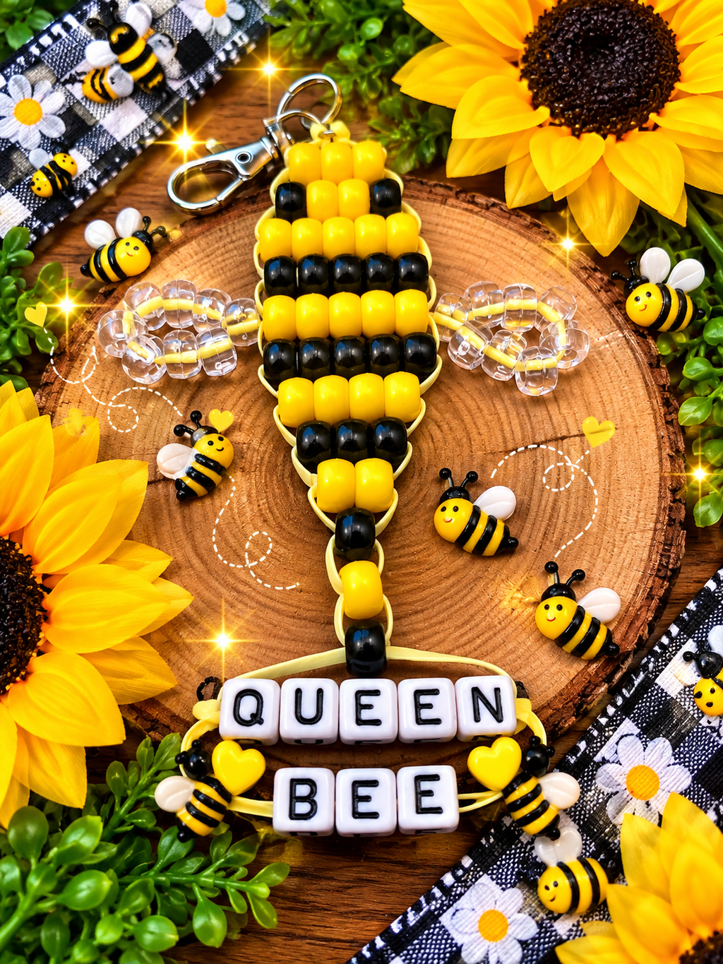 Handmade Bee Pony Bead Keychain – With or Without Letters