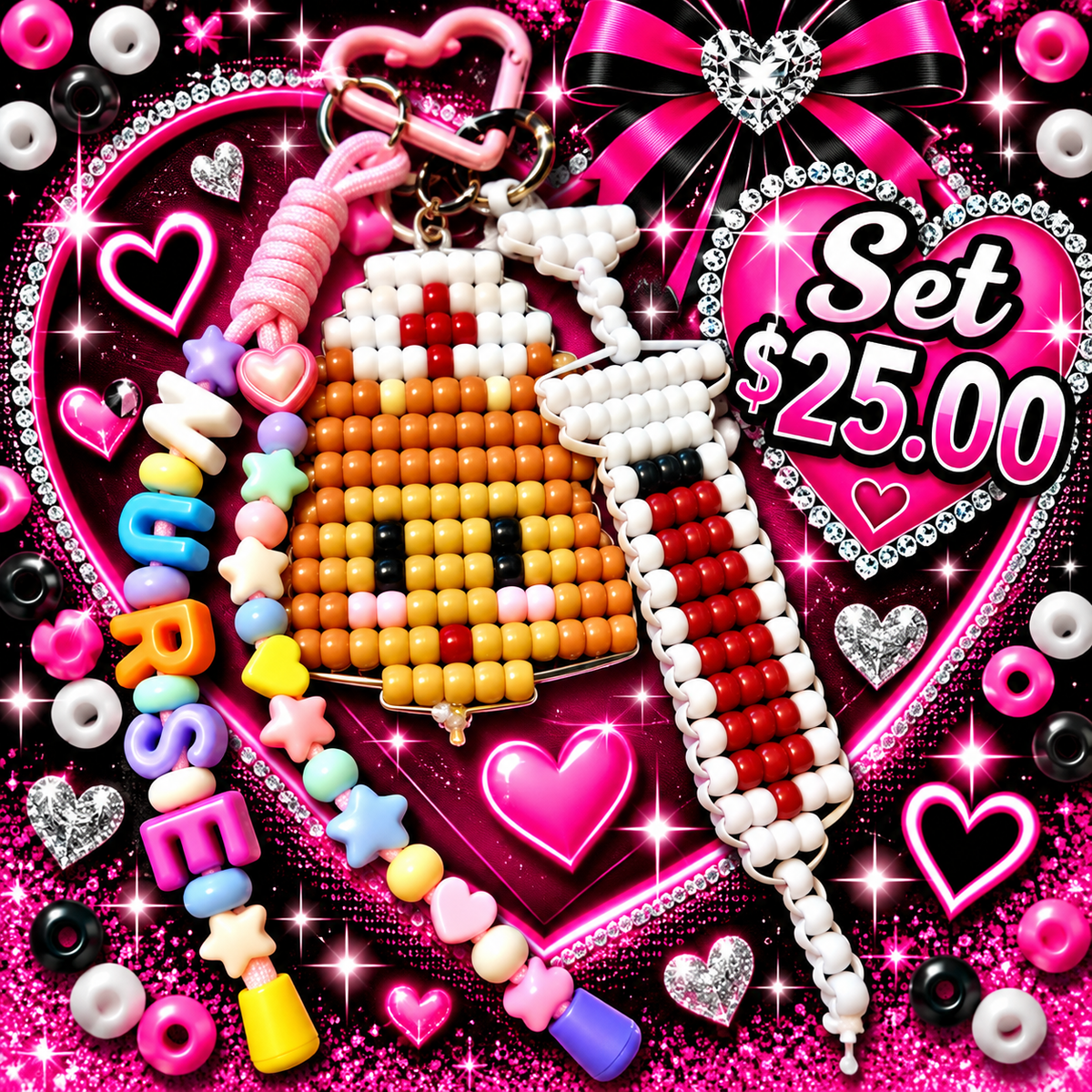 Handmade Nurse Pony Bead Keychains – Choose Your Style