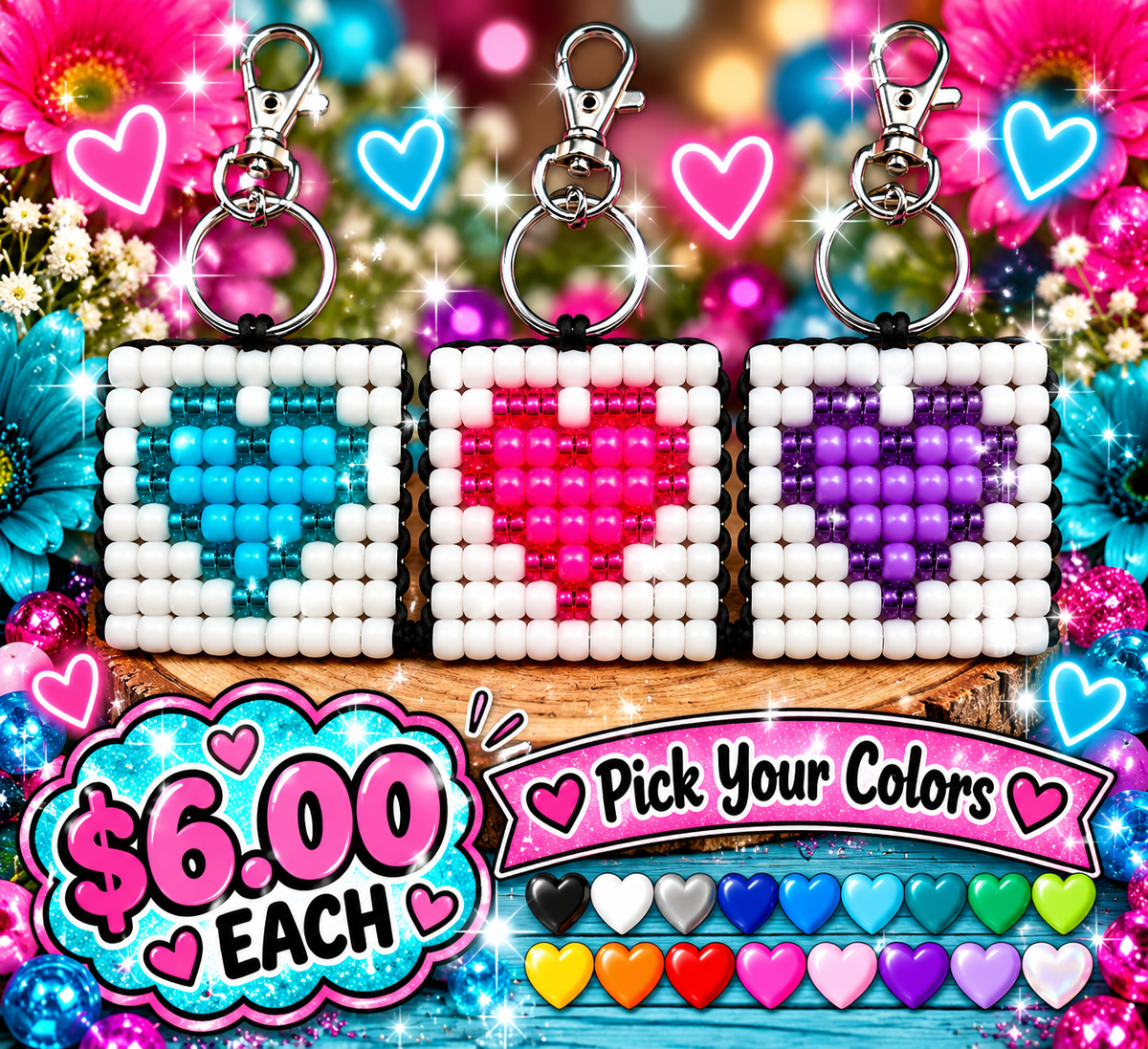 Handmade Pony Bead Keychains – Pick Your Style & Colors